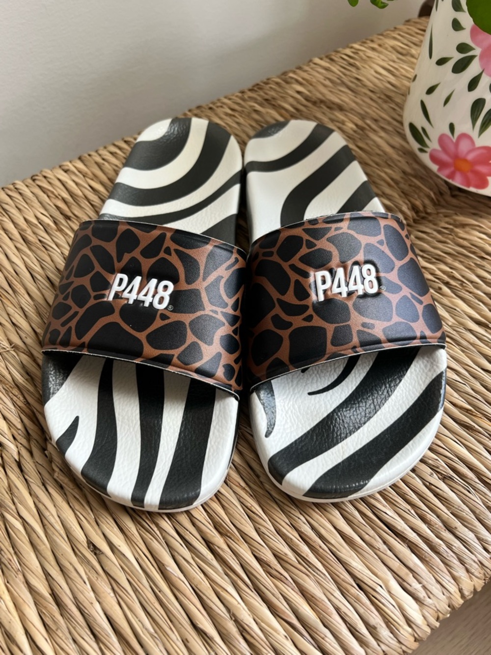 P448 Adults Zebra Print Slide Sandals with Brown Leopard Strap. Size 40